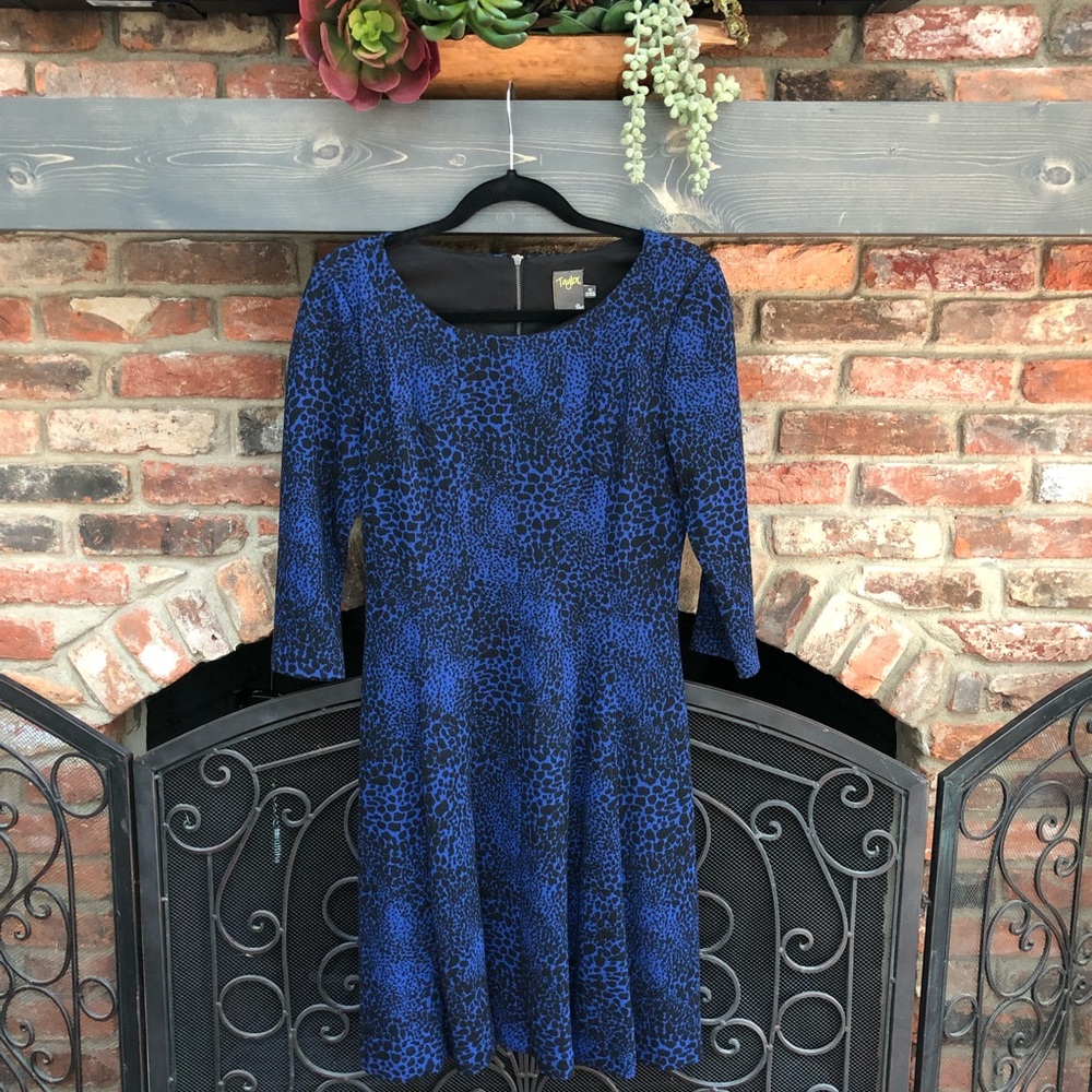 Taylor blue & black printed dress, 3/4 sleeves